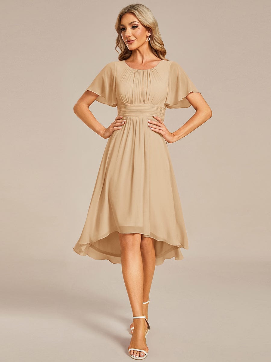 Flowy Chiffon Round Neckline A-Line Knee Length Wedding Guest Dress #color_Champagne