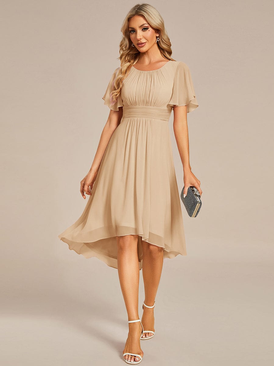 Flowy Chiffon Round Neckline A-Line Knee Length Wedding Guest Dress #color_Champagne