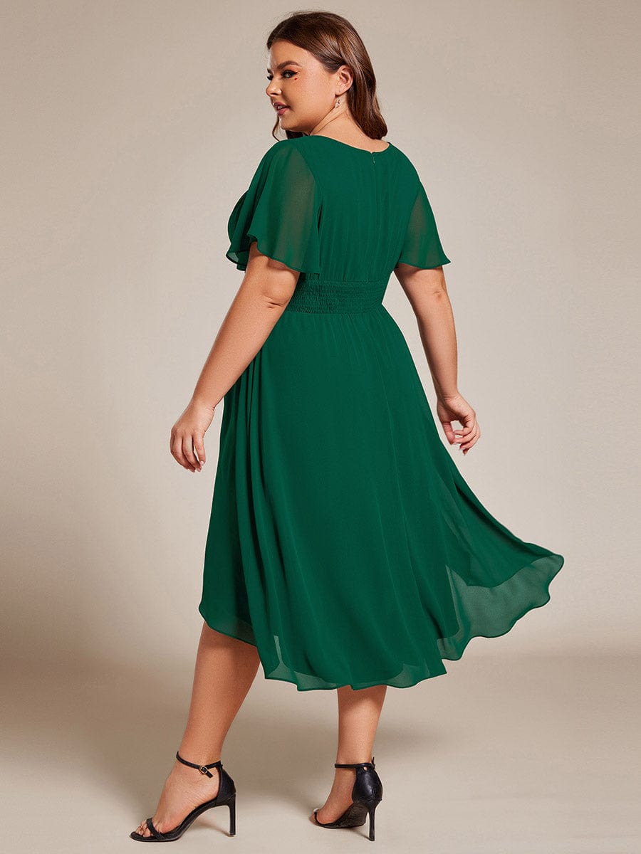 Flowy Chiffon Round Neckline A-Line Knee Length Wedding Guest Dress #color_Dark Green