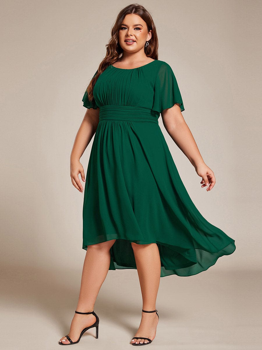 Flowy Chiffon Round Neckline A-Line Knee Length Wedding Guest Dress #color_Dark Green