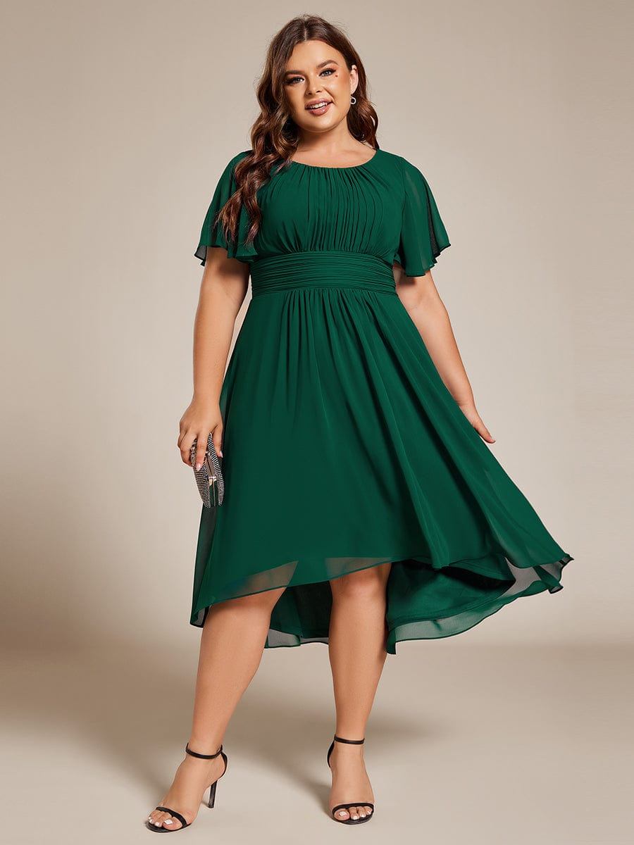 Flowy Chiffon Round Neckline A-Line Knee Length Wedding Guest Dress #color_Dark Green