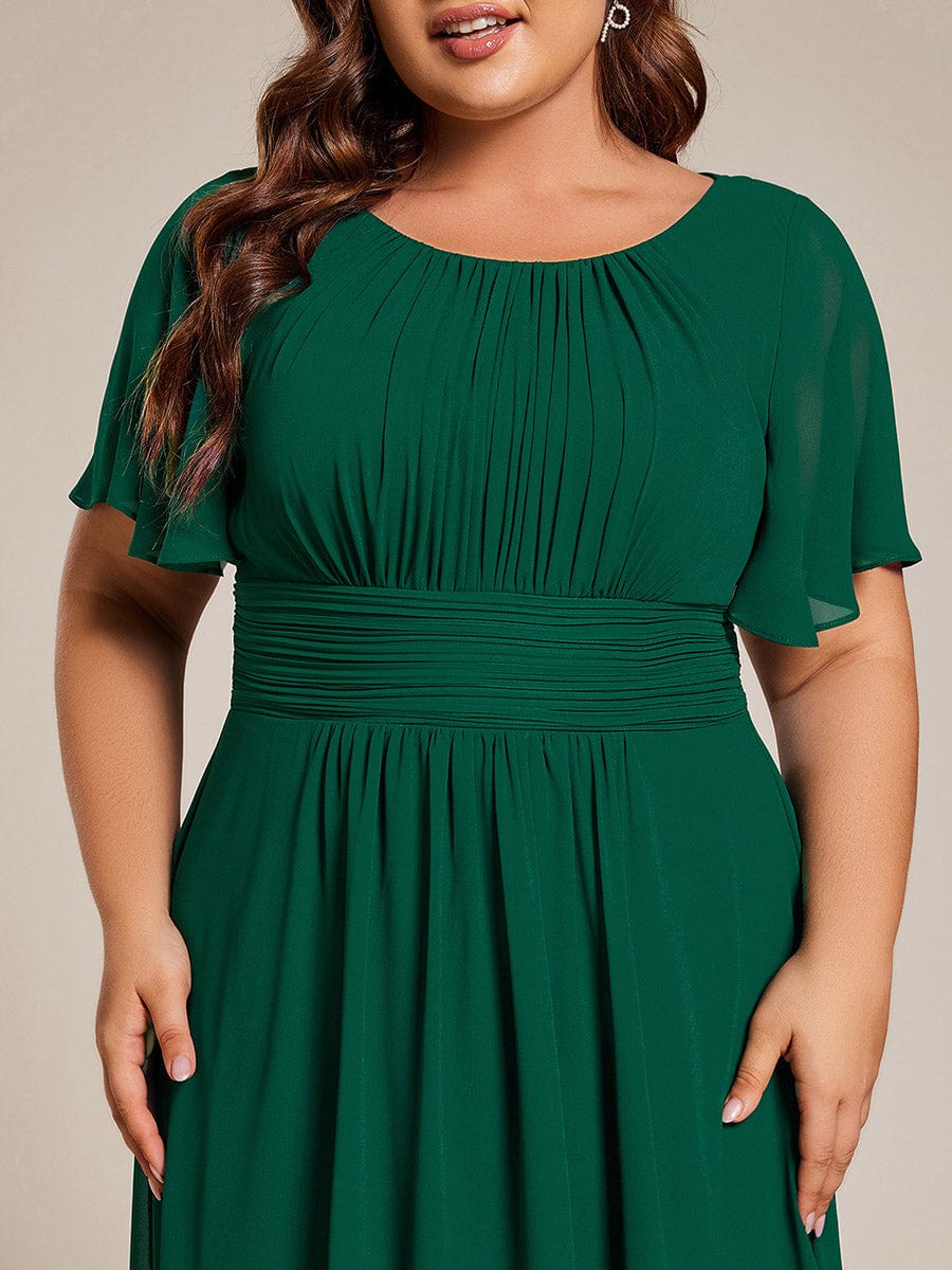 Flowy Chiffon Round Neckline A-Line Knee Length Wedding Guest Dress #color_Dark Green