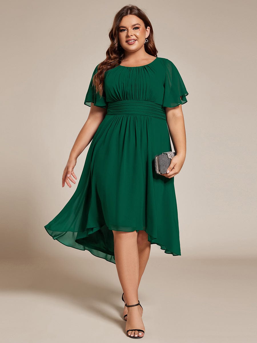 Flowy Chiffon Round Neckline A-Line Knee Length Wedding Guest Dress #color_Dark Green