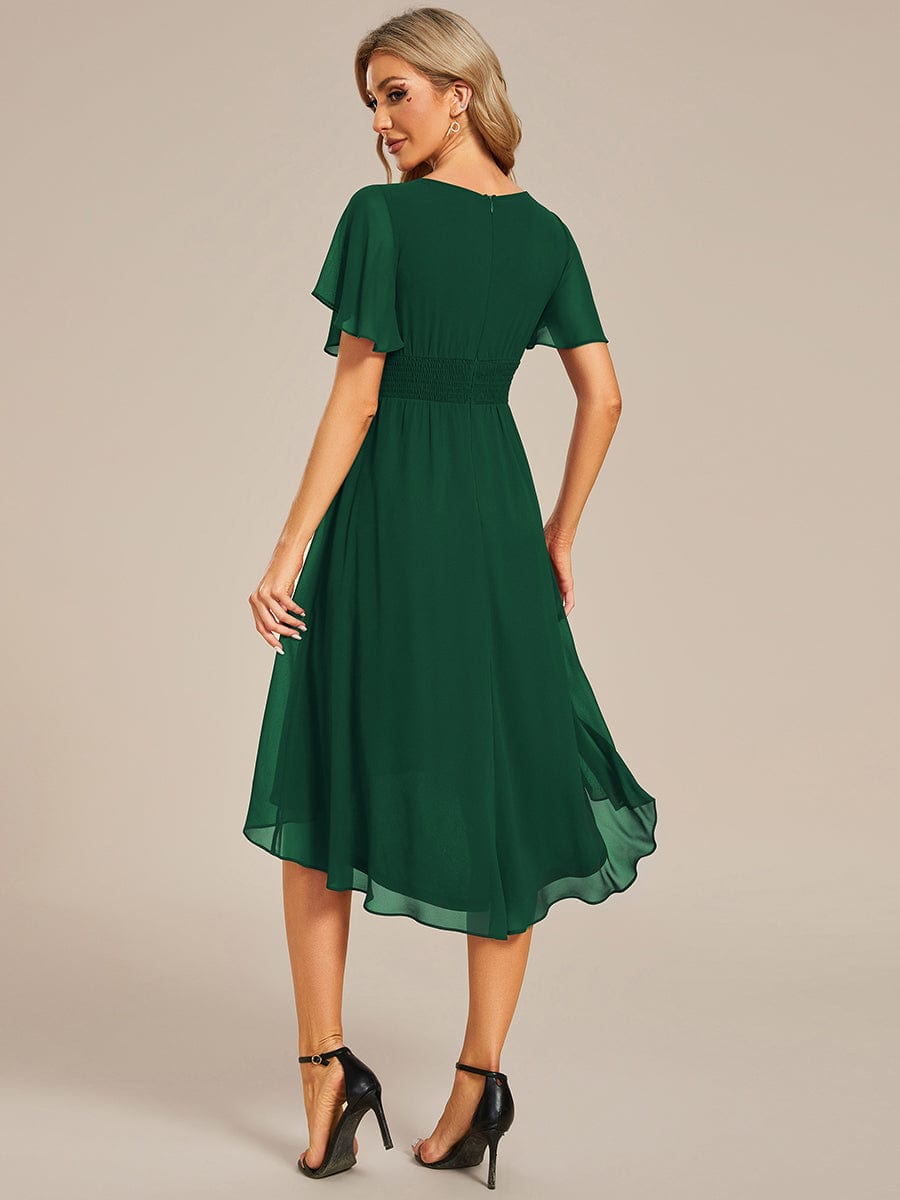 Flowy Chiffon Round Neckline A-Line Knee Length Wedding Guest Dress #color_Dark Green