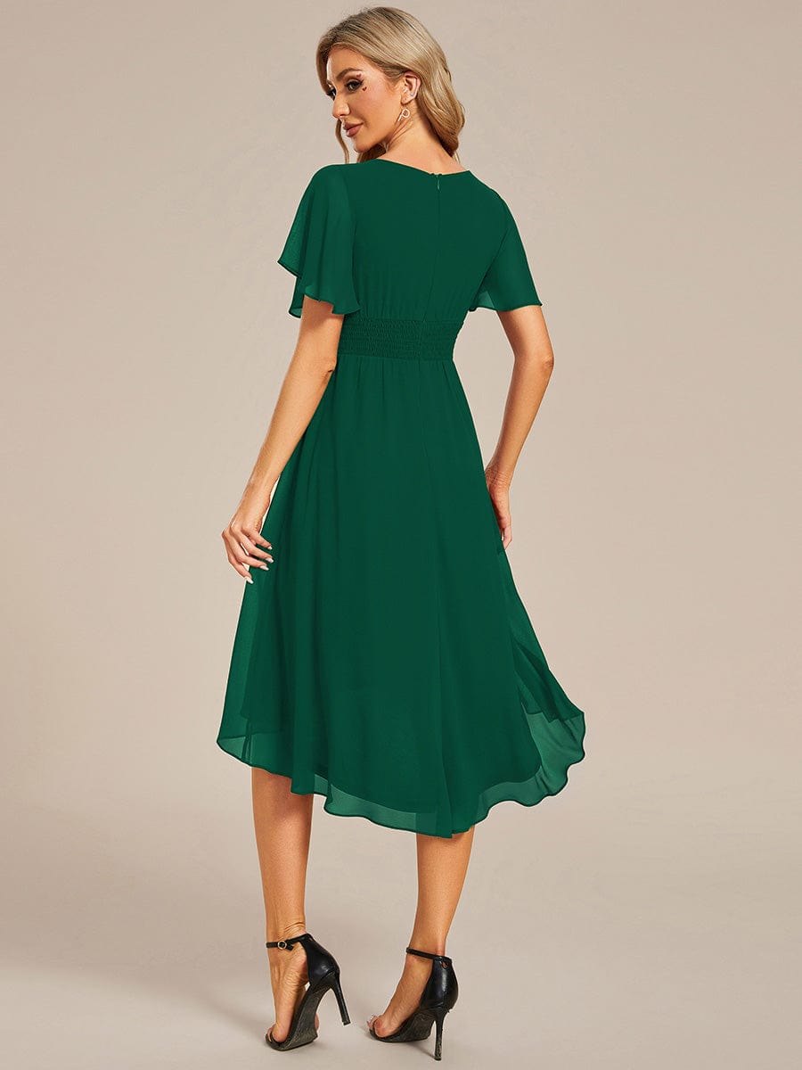 Flowy Chiffon Round Neckline A-Line Knee Length Wedding Guest Dress #color_Dark Green