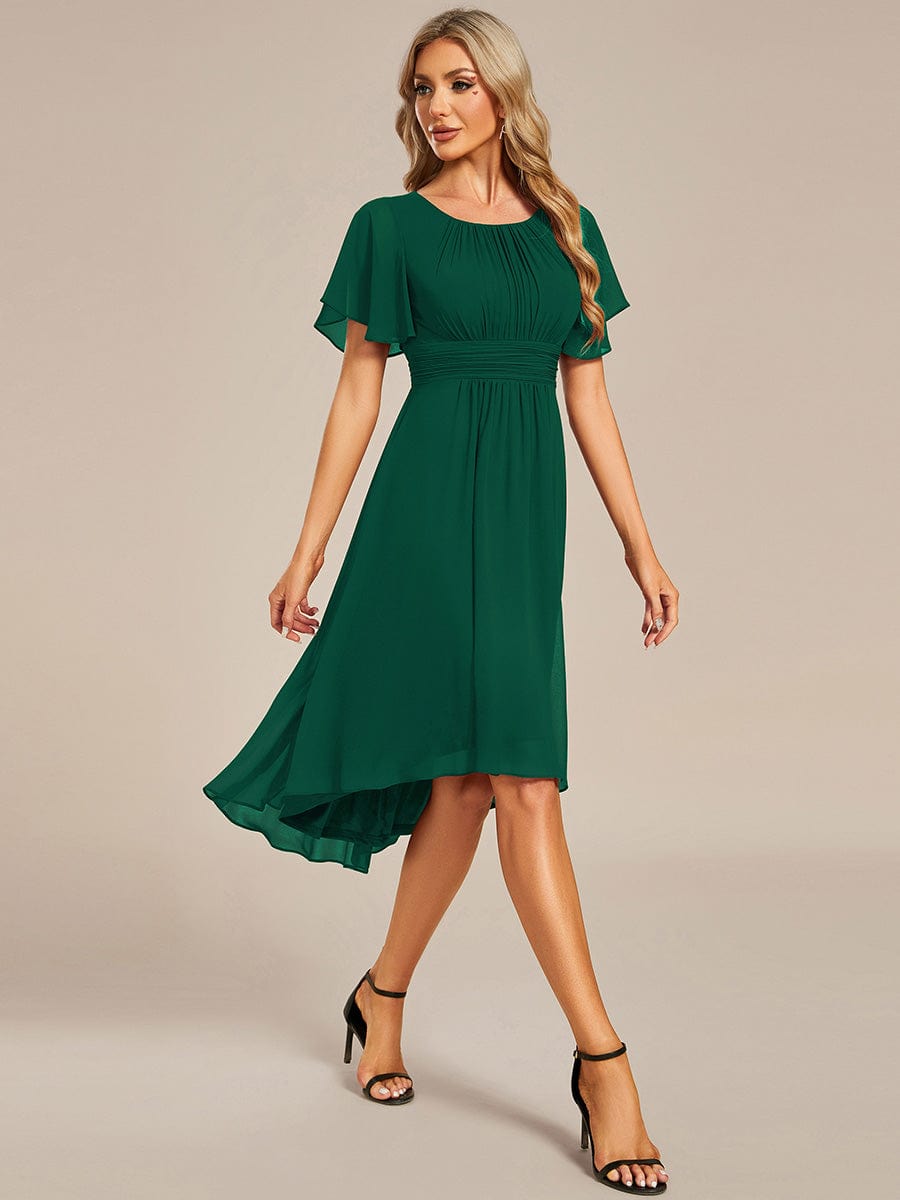 Flowy Chiffon Round Neckline A-Line Knee Length Wedding Guest Dress #color_Dark Green