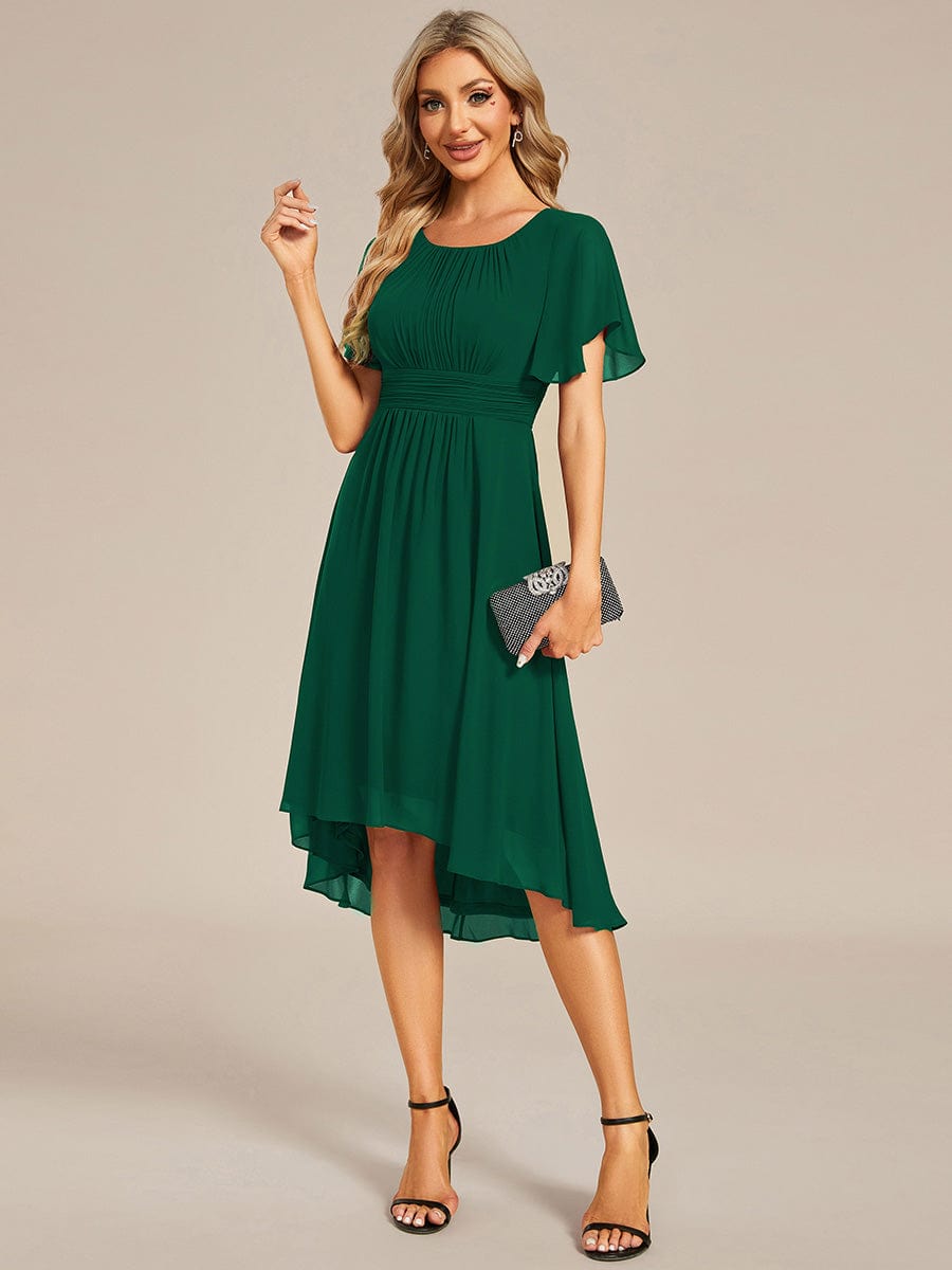 Flowy Chiffon Round Neckline A-Line Knee Length Wedding Guest Dress #color_Dark Green