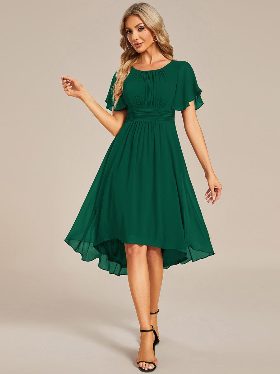 Flowy Chiffon Round Neckline A-Line Knee Length Wedding Guest Dress #color_Dark Green