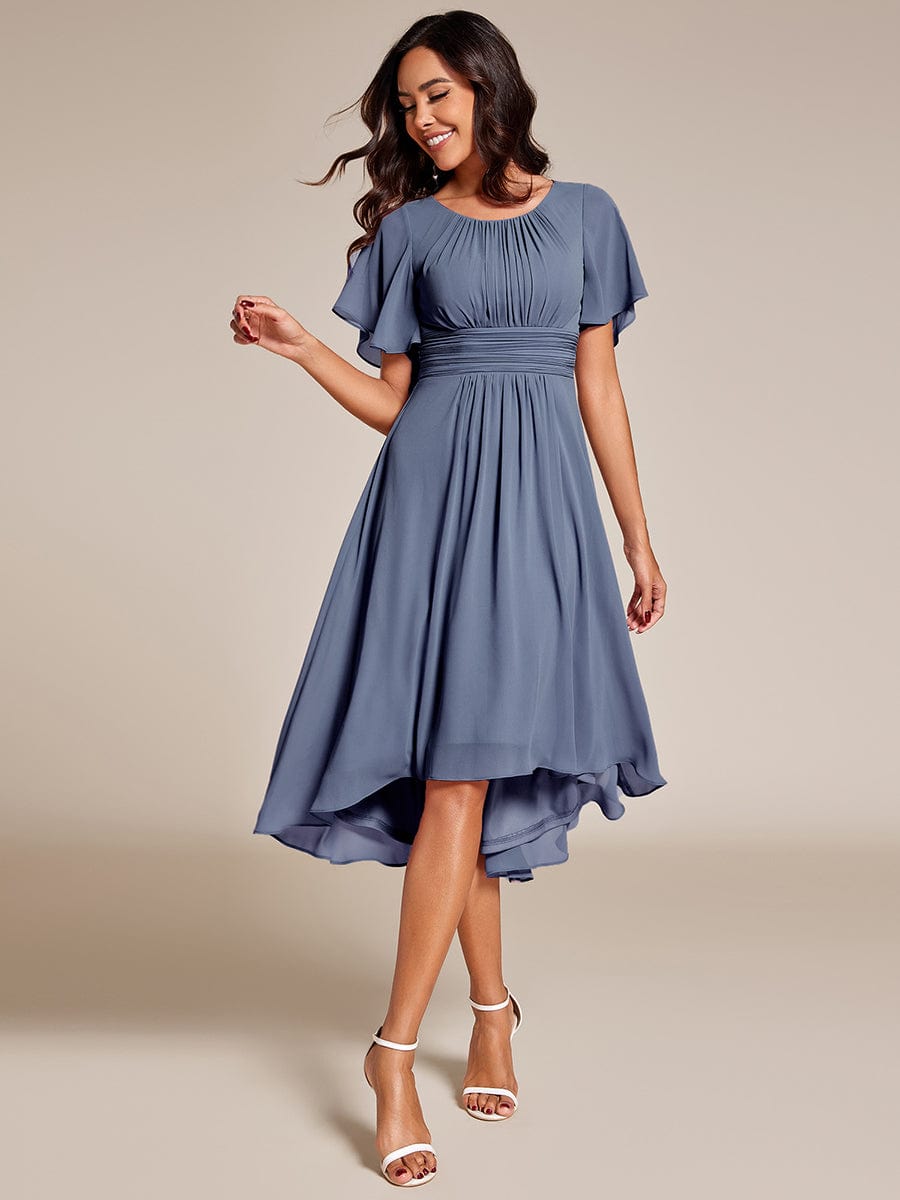 Flowy Chiffon Round Neckline A-Line Knee Length Wedding Guest Dress #color_Dusty Blue