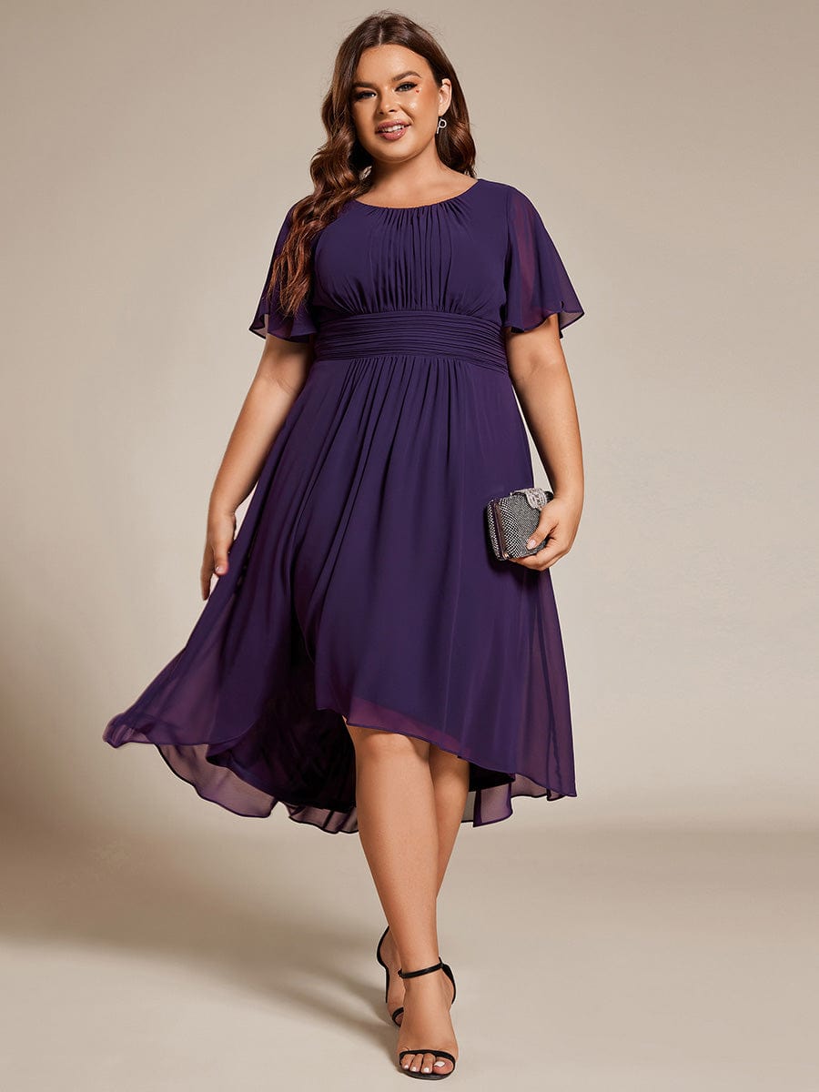 Flowy Chiffon Round Neckline A-Line Knee Length Wedding Guest Dress #color_Dark Purple