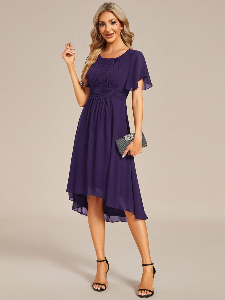 Flowy Chiffon Round Neckline A-Line Knee Length Wedding Guest Dress #color_Dark Purple