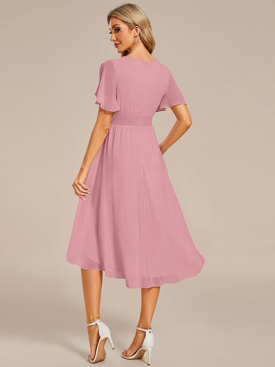 Flowy Chiffon Round Neckline A-Line Knee Length Wedding Guest Dress #color_Dusty Rose