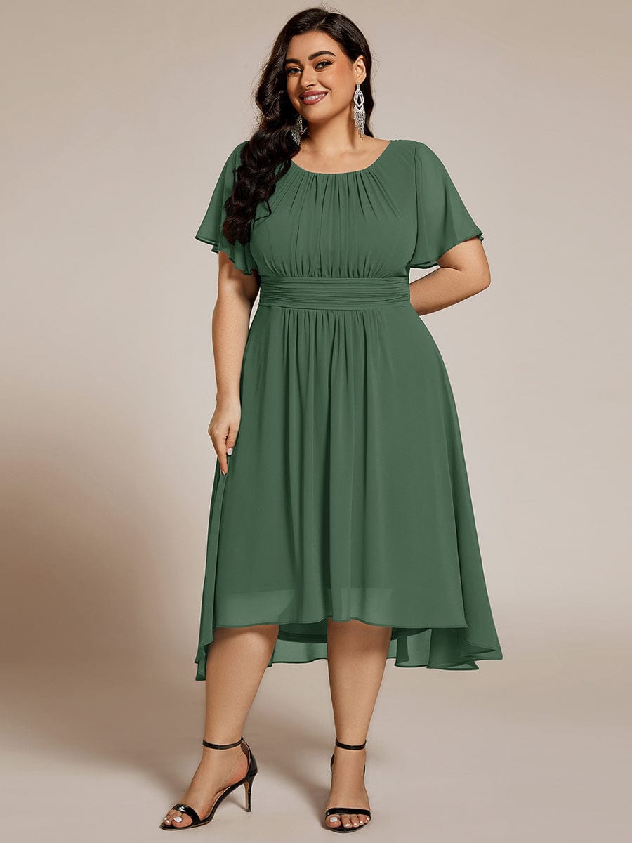 Flowy Chiffon Round Neckline A-Line Knee Length Wedding Guest Dress #color_Eucalyptus Green