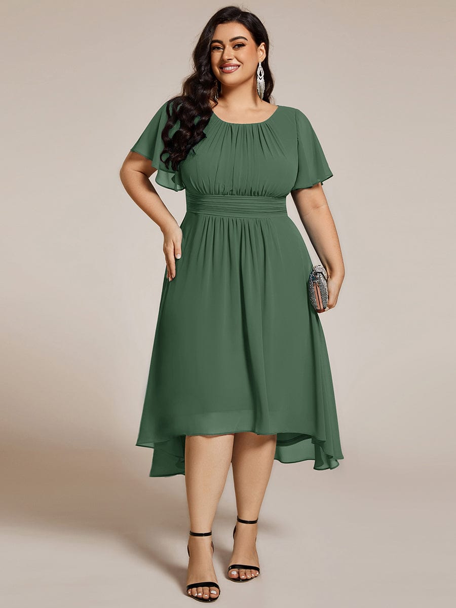 Flowy Chiffon Round Neckline A-Line Knee Length Wedding Guest Dress #color_Eucalyptus Green