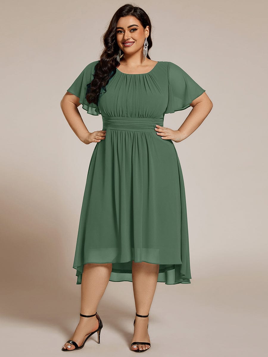 Flowy Chiffon Round Neckline A-Line Knee Length Wedding Guest Dress #color_Eucalyptus Green