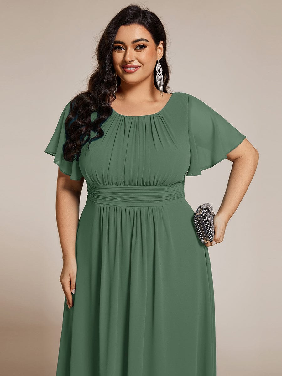 Flowy Chiffon Round Neckline A-Line Knee Length Wedding Guest Dress #color_Eucalyptus Green