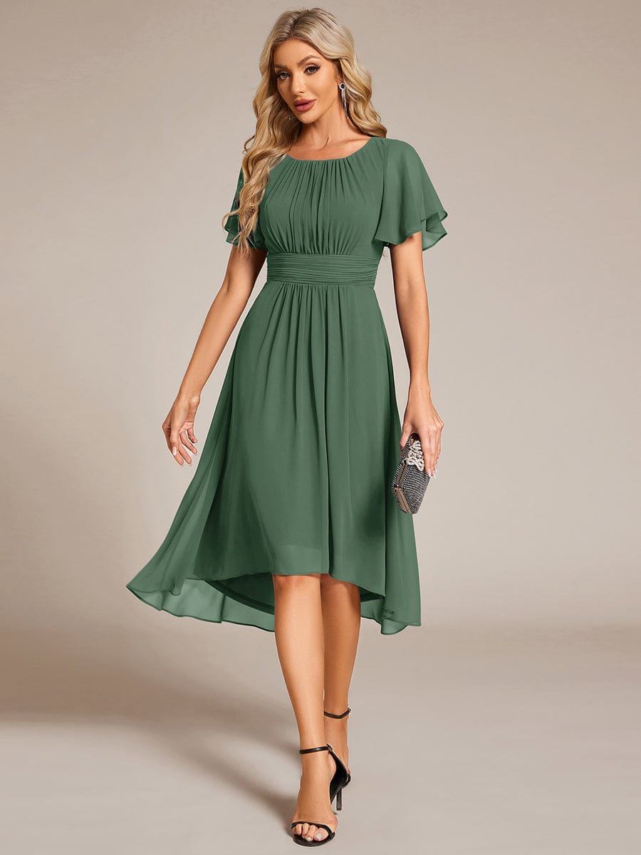 Flowy Chiffon Round Neckline A-Line Knee Length Wedding Guest Dress #color_Eucalyptus Green