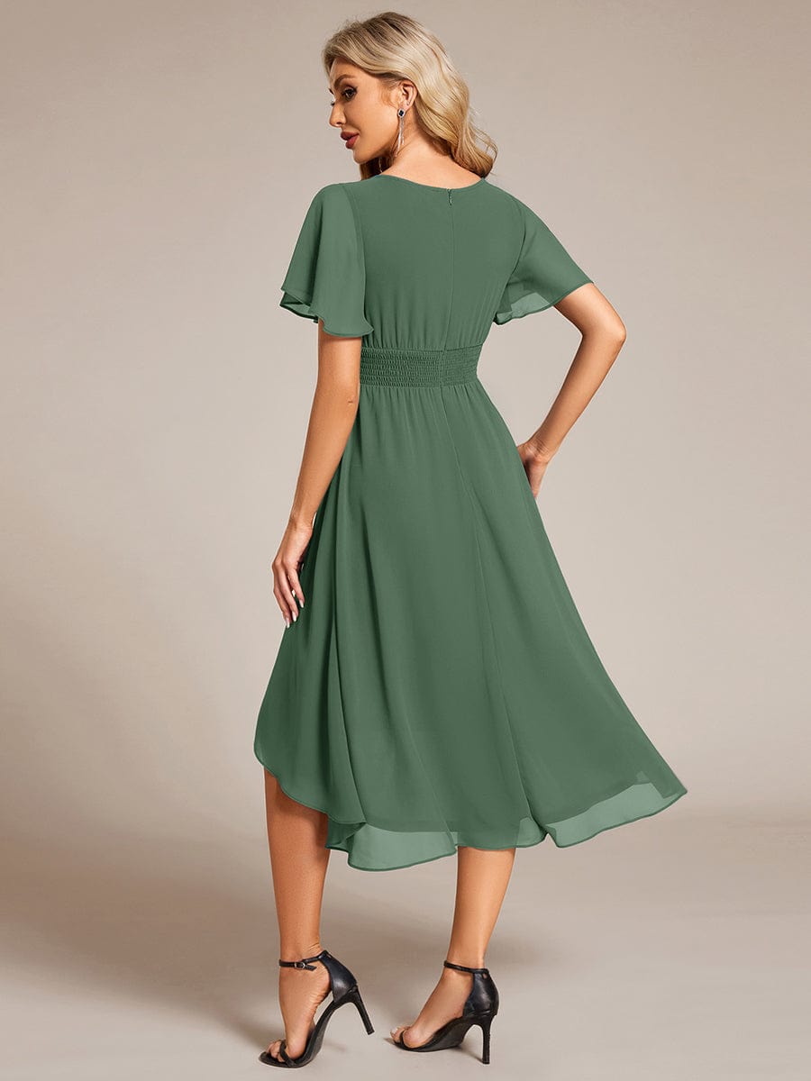 Flowy Chiffon Round Neckline A-Line Knee Length Wedding Guest Dress #color_Eucalyptus Green