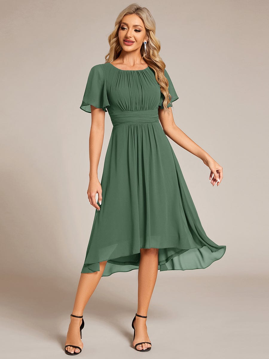 Flowy Chiffon Round Neckline A-Line Knee Length Wedding Guest Dress #color_Eucalyptus Green