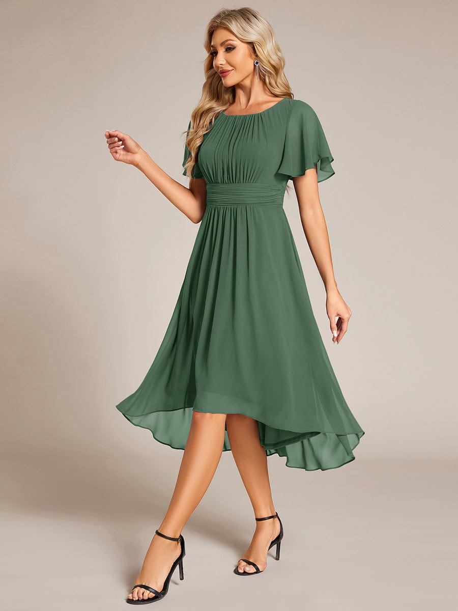 Flowy Chiffon Round Neckline A-Line Knee Length Wedding Guest Dress #color_Eucalyptus Green