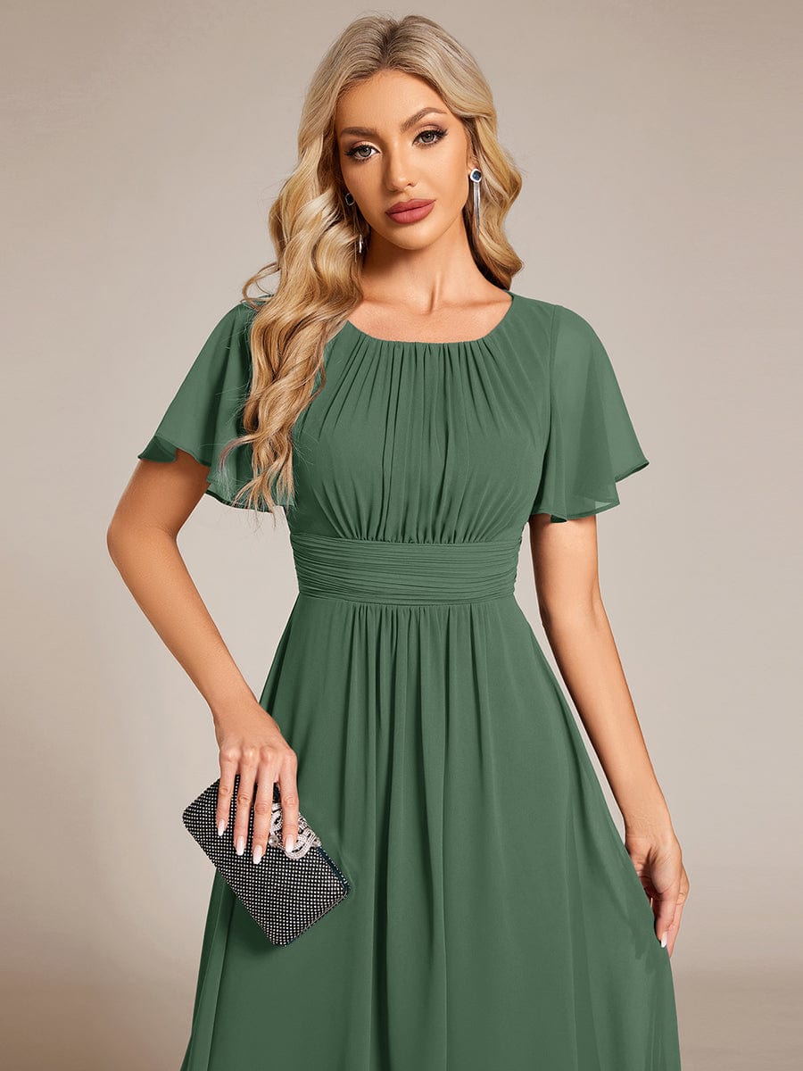 Flowy Chiffon Round Neckline A-Line Knee Length Wedding Guest Dress #color_Eucalyptus Green