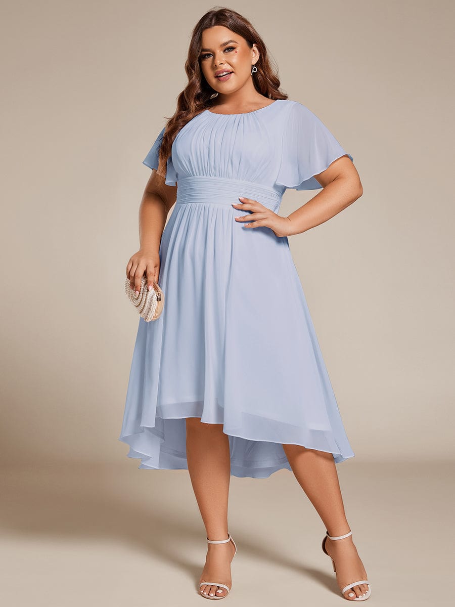 Flowy Chiffon Round Neckline A-Line Knee Length Wedding Guest Dress #color_Ice Blue