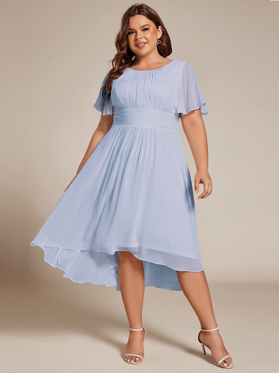 Flowy Chiffon Round Neckline A-Line Knee Length Wedding Guest Dress #color_Ice Blue