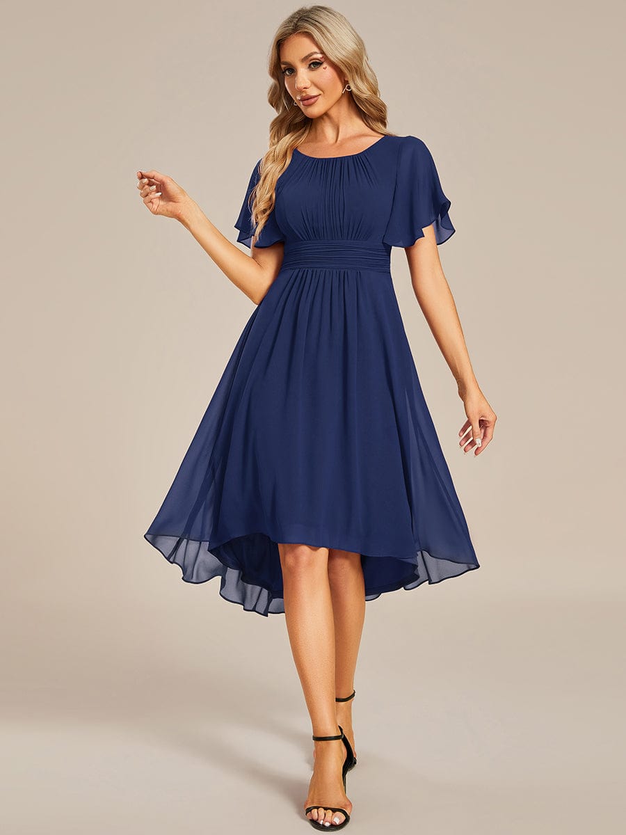 Flowy Chiffon Round Neckline A-Line Knee Length Wedding Guest Dress #color_Navy Blue