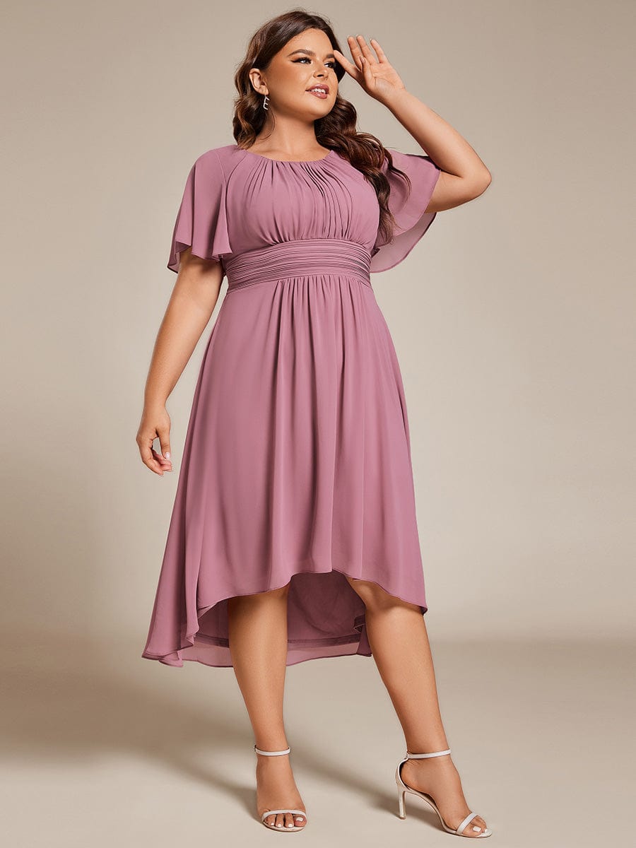 Flowy Chiffon Round Neckline A-Line Knee Length Wedding Guest Dress #color_Purple Orchid