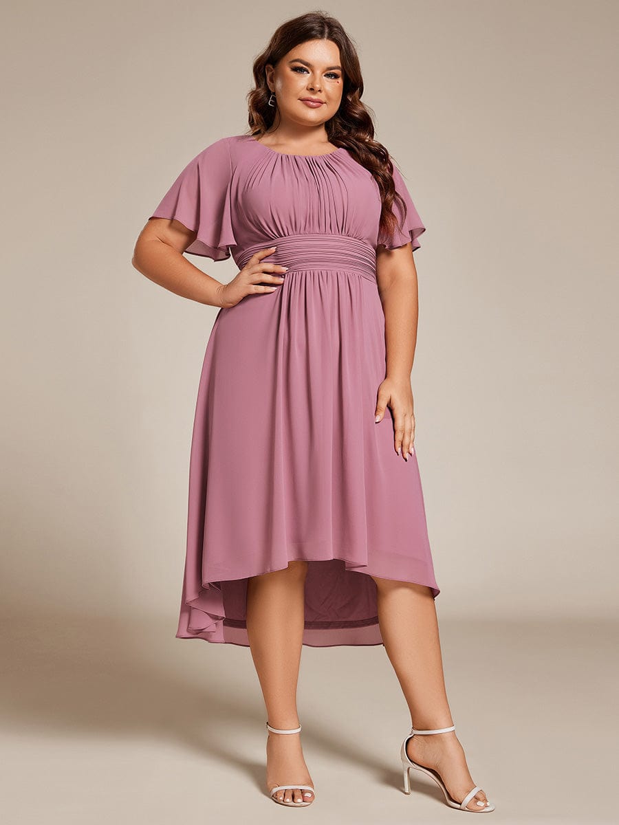 Flowy Chiffon Round Neckline A-Line Knee Length Wedding Guest Dress #color_Purple Orchid