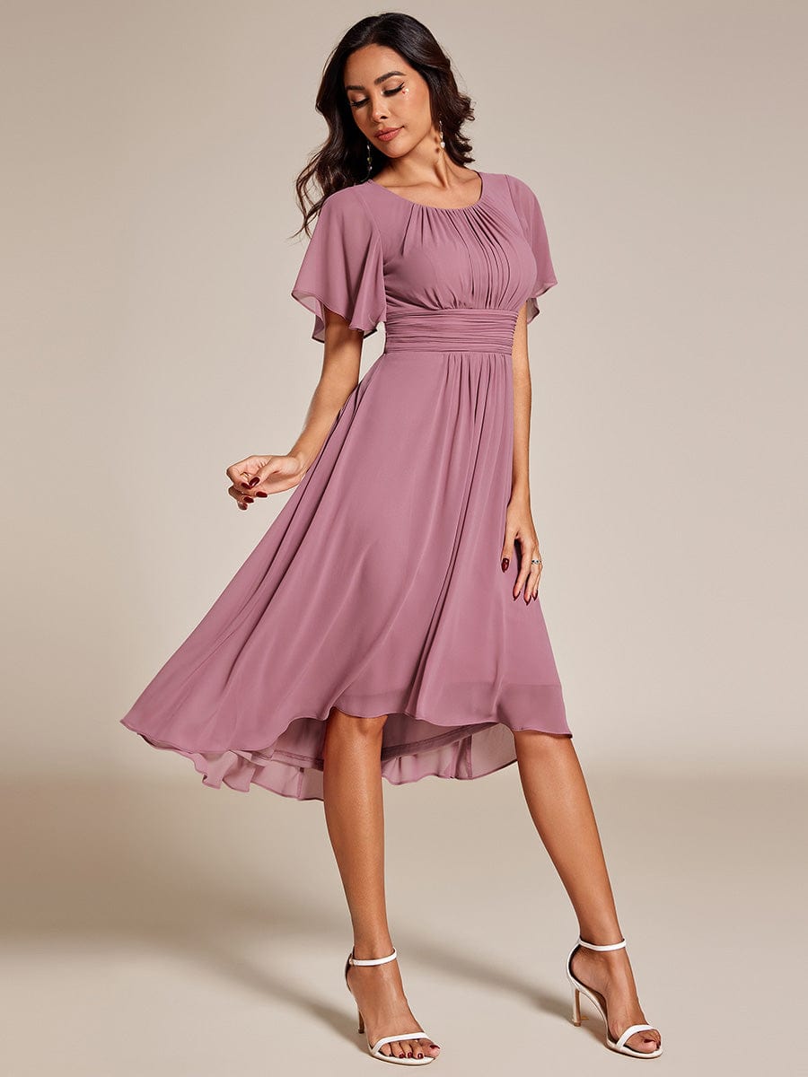 Flowy Chiffon Round Neckline A-Line Knee Length Wedding Guest Dress #color_Purple Orchid