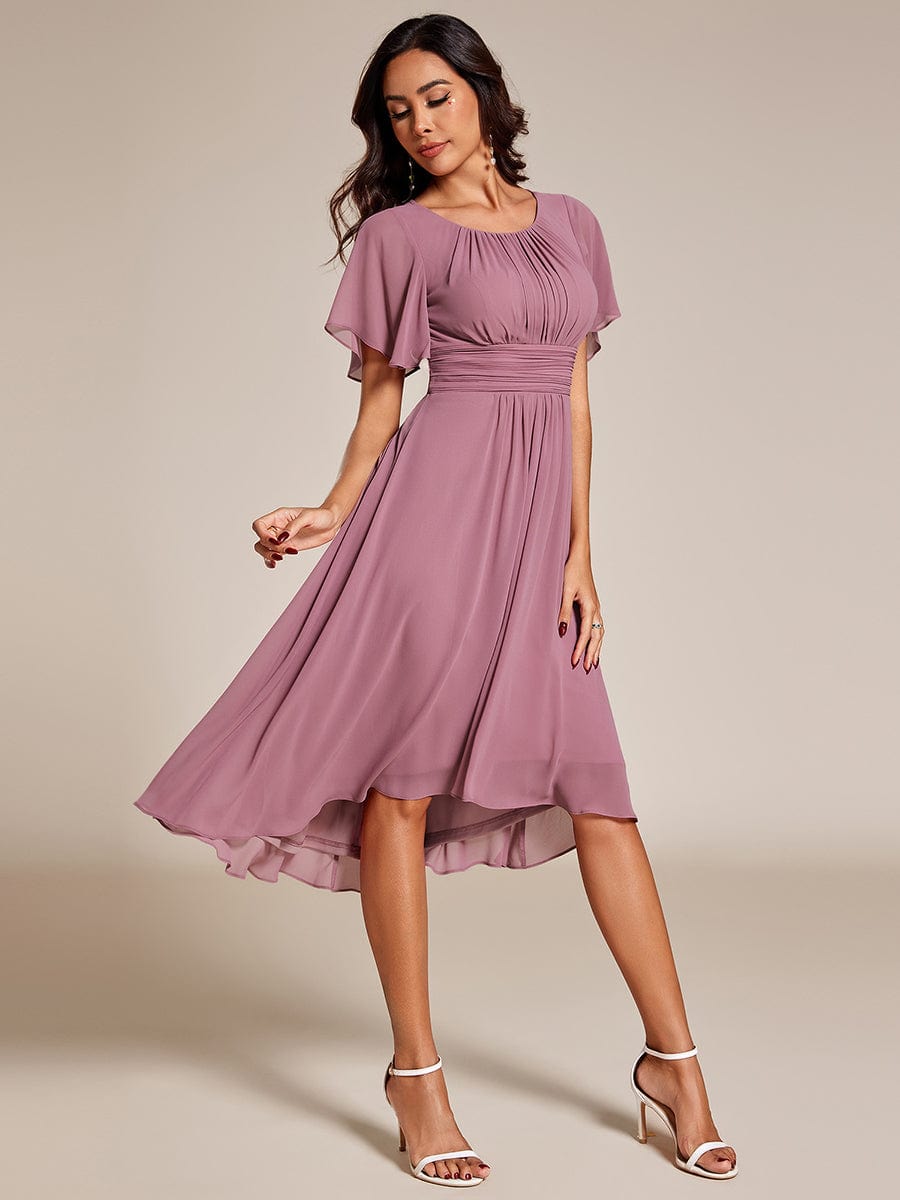 Flowy Chiffon Round Neckline A-Line Knee Length Wedding Guest Dress #color_Purple Orchid