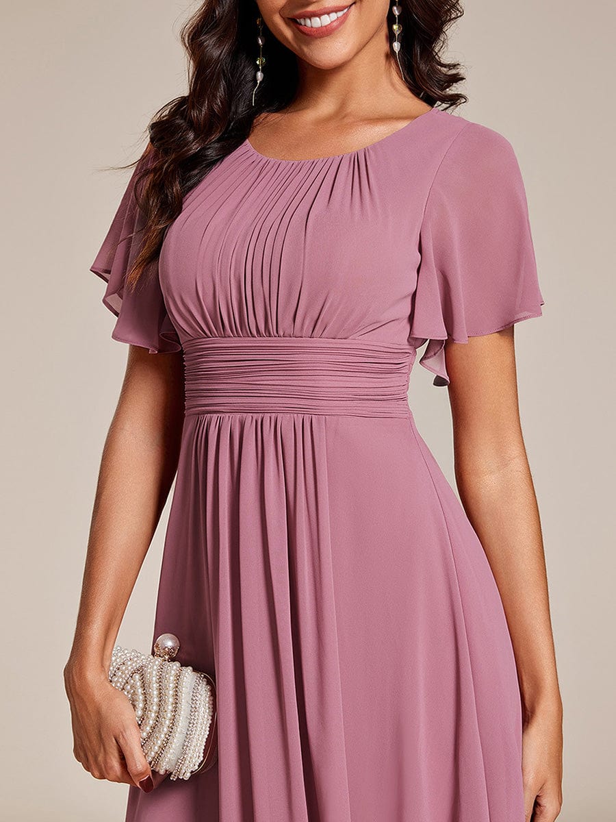 Flowy Chiffon Round Neckline A-Line Knee Length Wedding Guest Dress #color_Purple Orchid