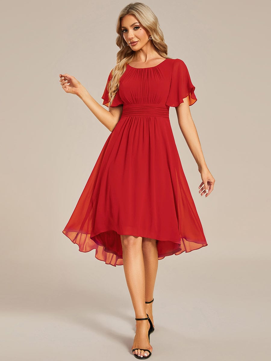 Flowy Chiffon Round Neckline A-Line Knee Length Wedding Guest Dress #color_Red