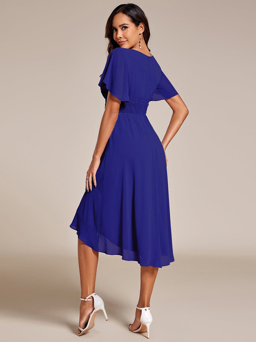 Flowy Chiffon Round Neckline A-Line Knee Length Wedding Guest Dress #color_Sapphire Blue