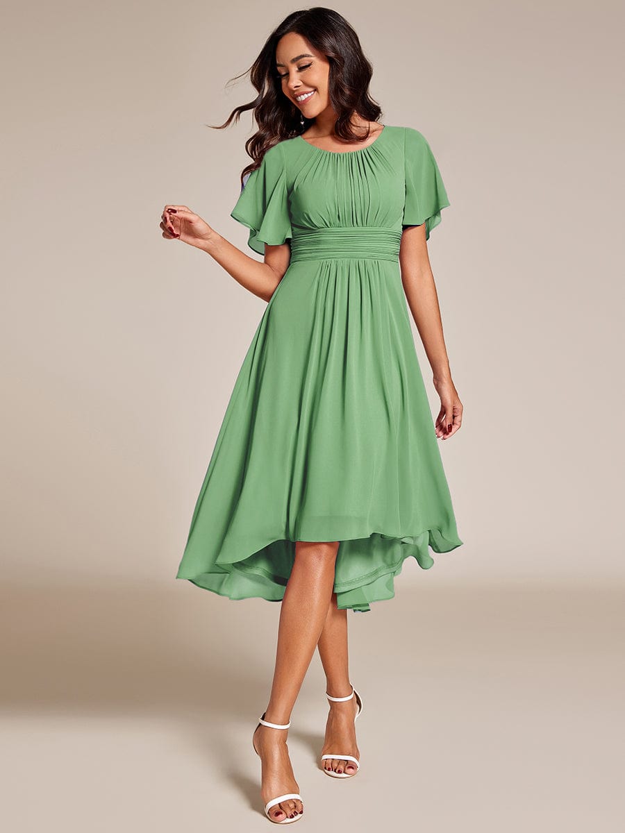 Flowy Chiffon Round Neckline A-Line Knee Length Wedding Guest Dress #color_Sage Green