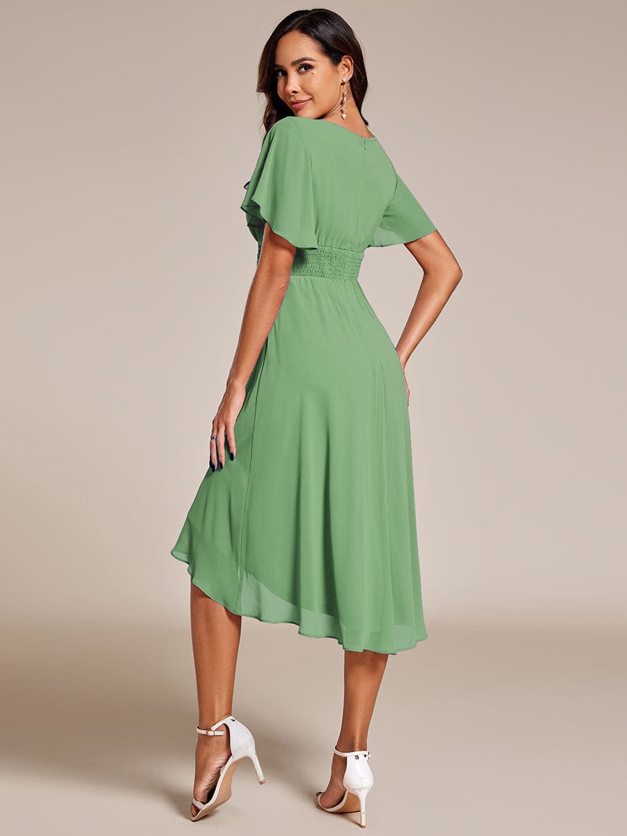 Flowy Chiffon Round Neckline A-Line Knee Length Wedding Guest Dress #color_Sage Green