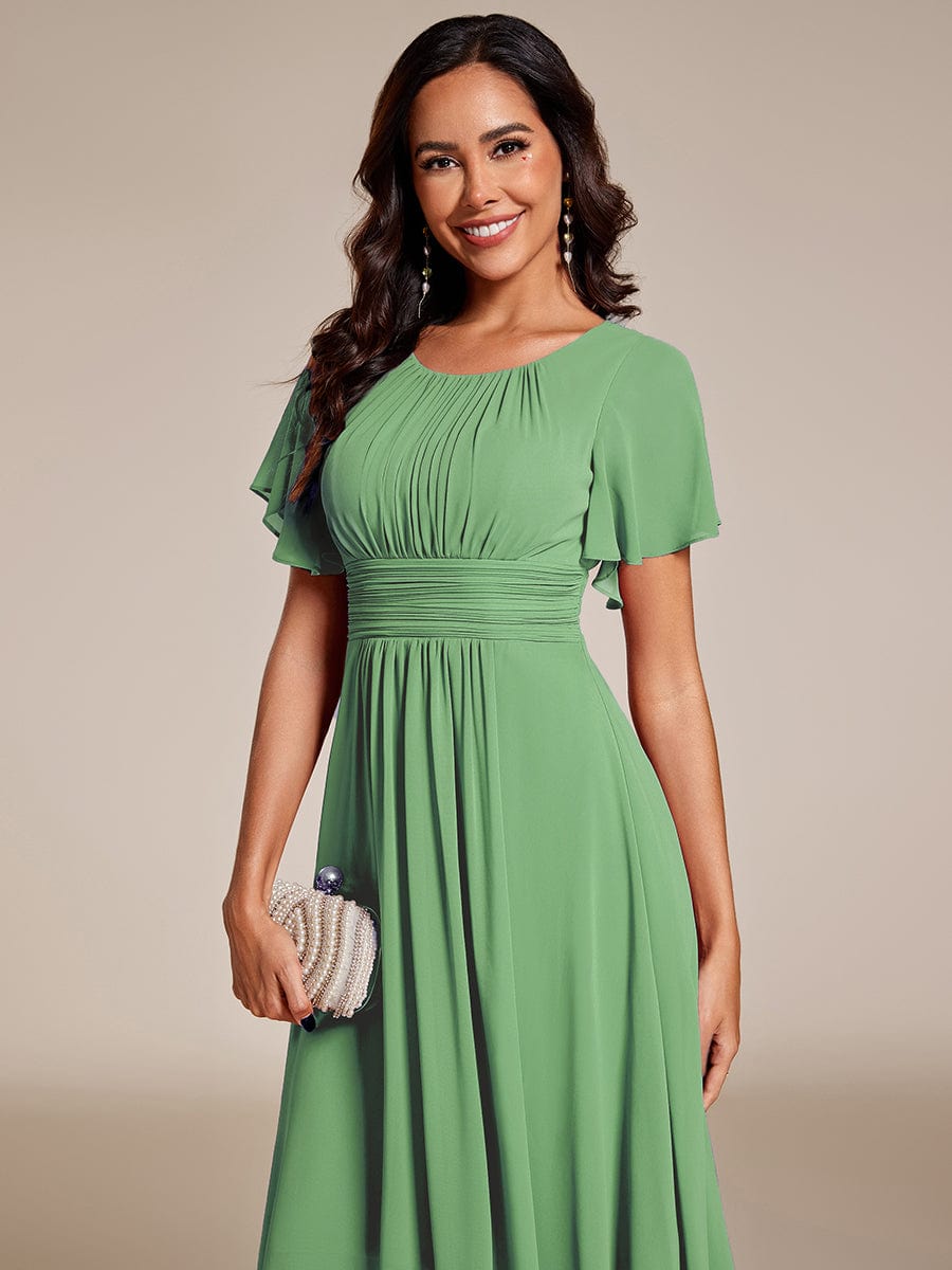 Flowy Chiffon Round Neckline A-Line Knee Length Wedding Guest Dress #color_Sage Green