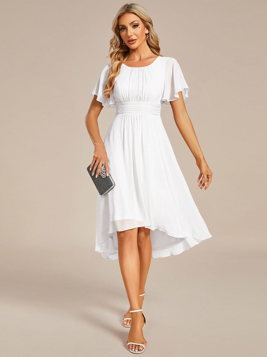 Flowy Chiffon Round Neckline A-Line Knee Length Wedding Guest Dress #color_White