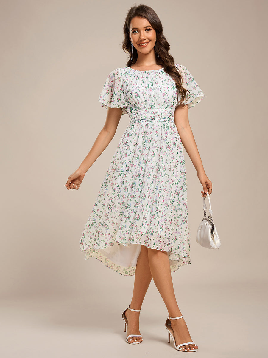 Flowy Chiffon Round Neckline A-Line Knee Length Wedding Guest Dress #color_White Floral