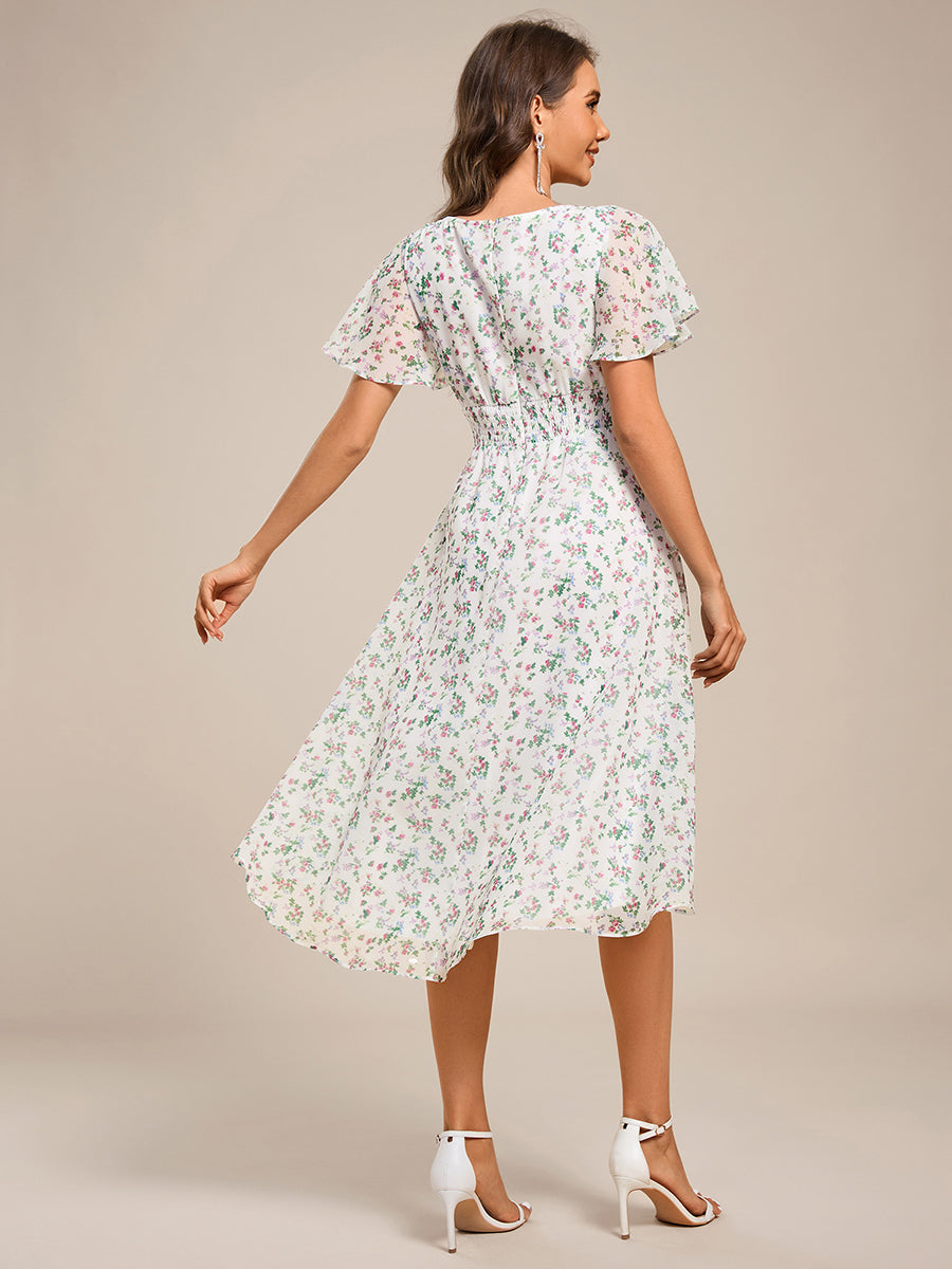 Flowy Chiffon Round Neckline A-Line Knee Length Wedding Guest Dress #color_Green Floral