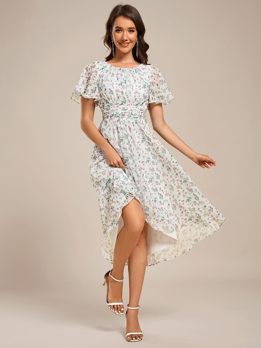 Custom Size Flowy Chiffon Round Neckline A-Line Knee Length Wedding Guest Dress #color_Green Floral