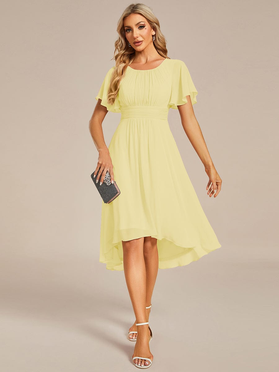 Flowy Chiffon Round Neckline A-Line Knee Length Wedding Guest Dress #color_Yellow