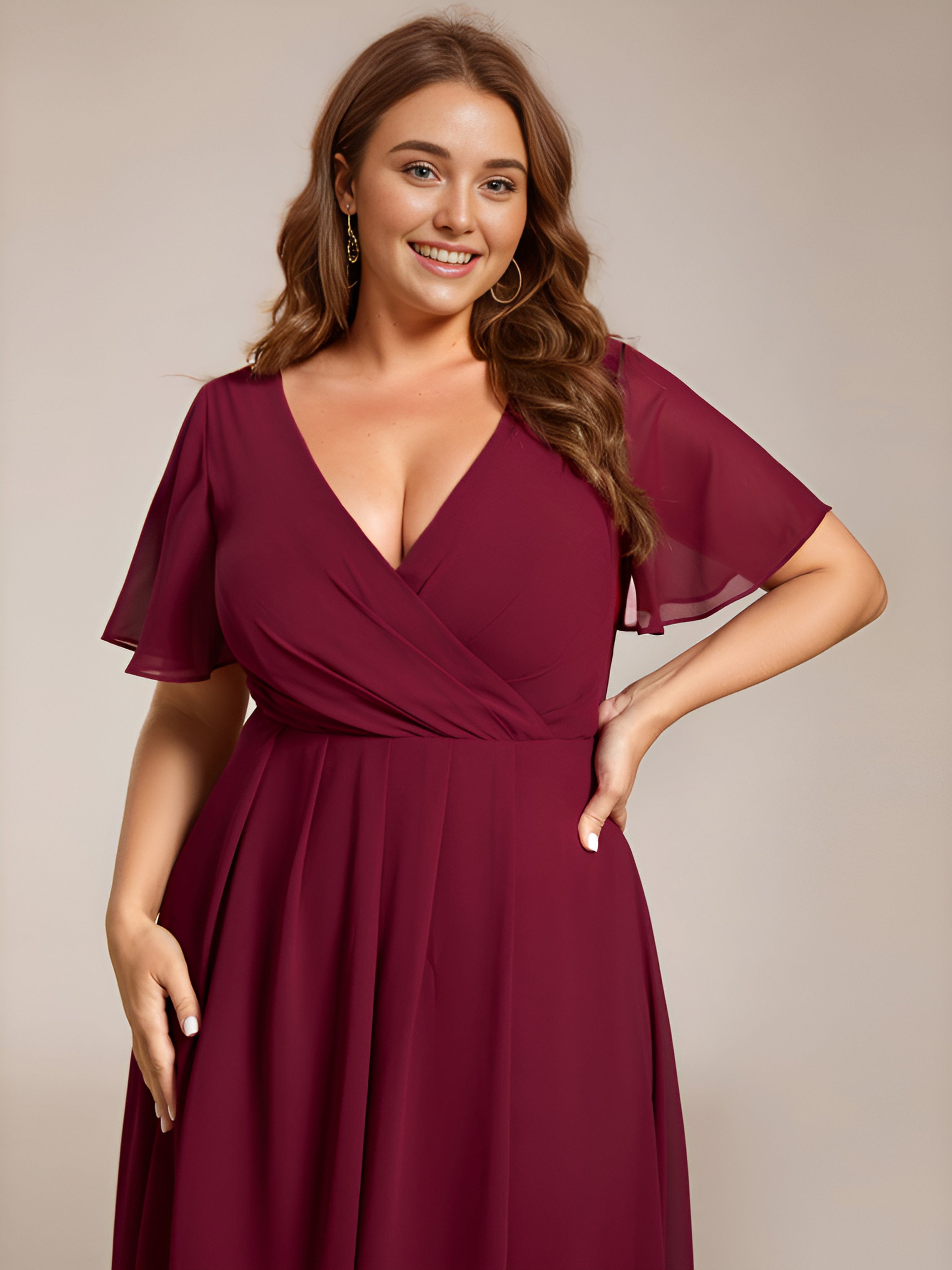 Plus Size Chiffon Short Sleeve High-Low Wedding Guest Dress #color_Burgundy