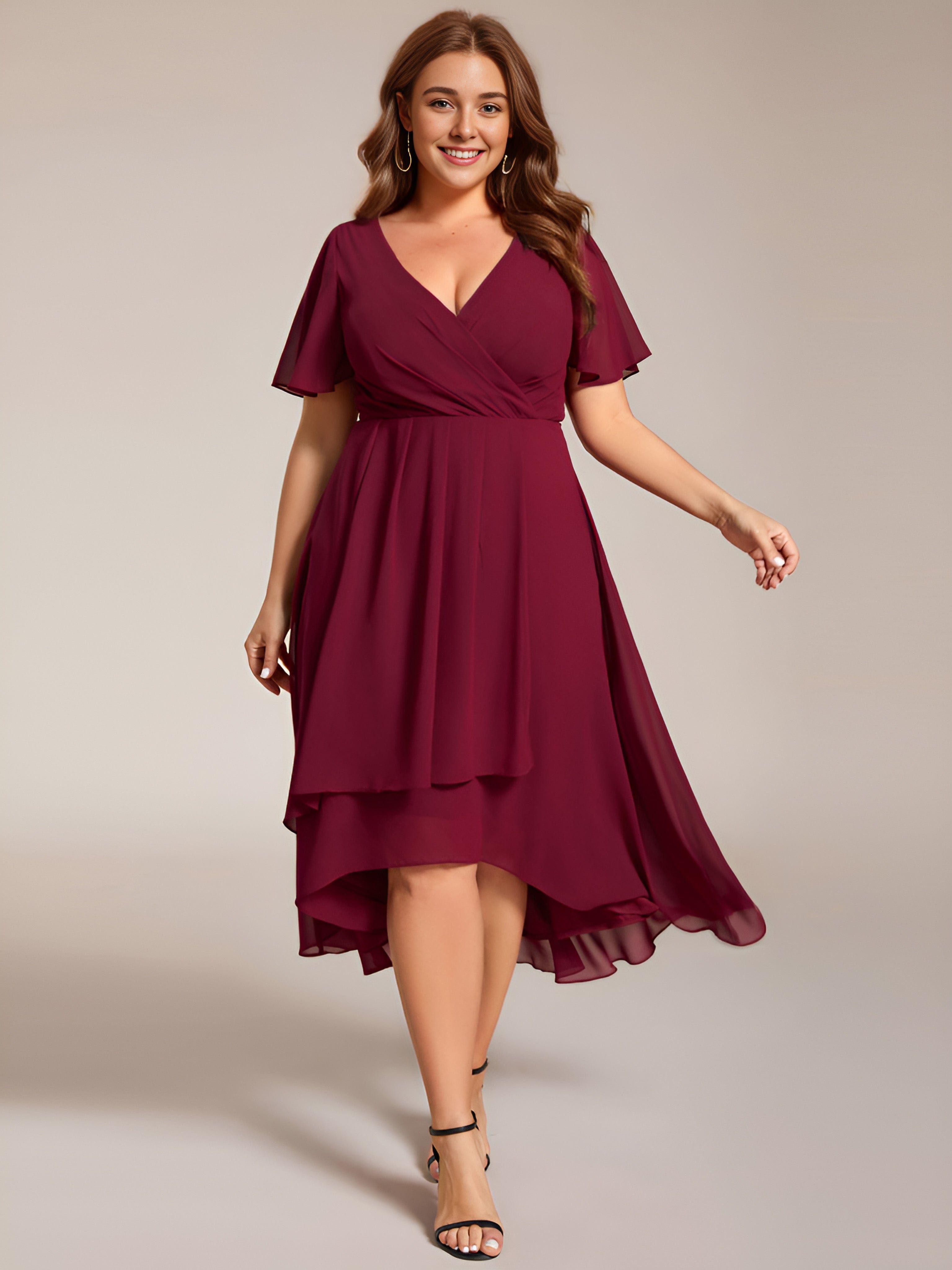 Plus Size Chiffon Short Sleeve High-Low Wedding Guest Dress #color_Burgundy