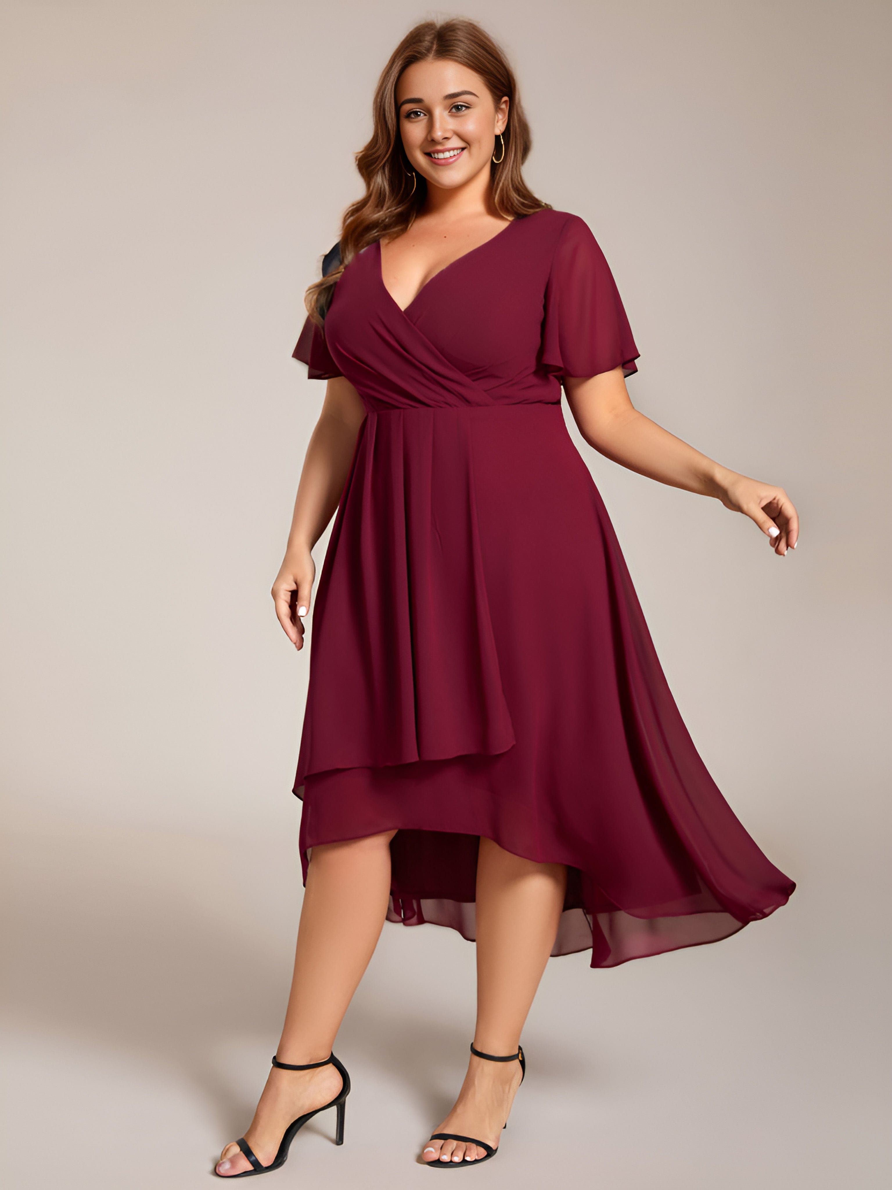 Plus Size Chiffon Short Sleeve High-Low Wedding Guest Dress #color_Burgundy