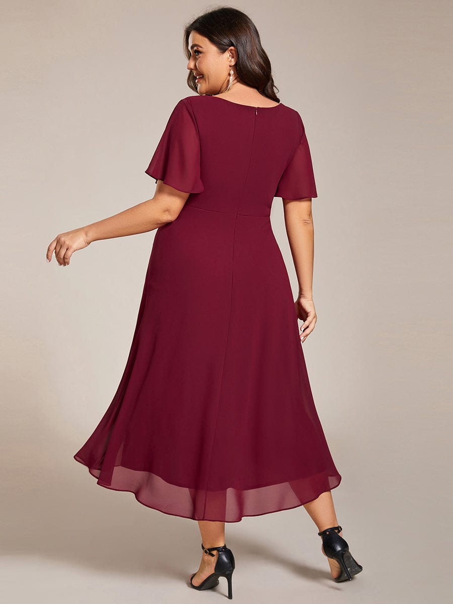 Chiffon Elegance Short Sleeve High-Low Wedding Guest Dress #color_Burgundy