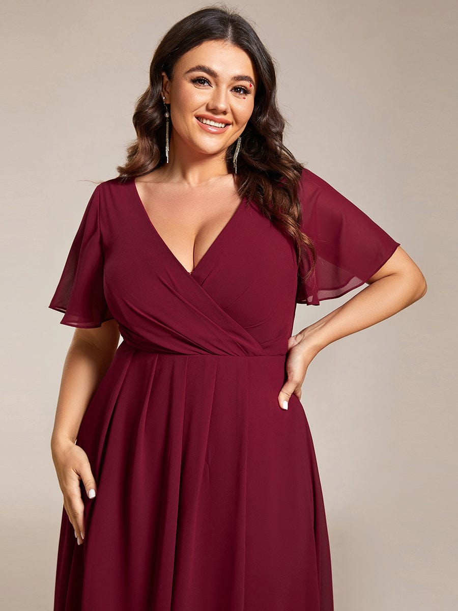 Custom Size Chiffon Elegance Short Sleeve High-Low Wedding Guest Dress #color_Burgundy