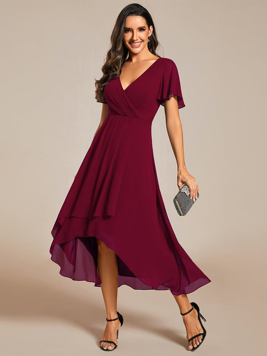 Chiffon Elegance Short Sleeve High-Low Wedding Guest Dress #color_Burgundy