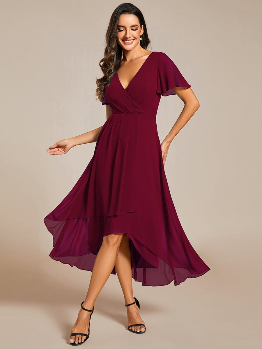 Custom Size Chiffon Elegance Short Sleeve High-Low Wedding Guest Dress #color_Burgundy